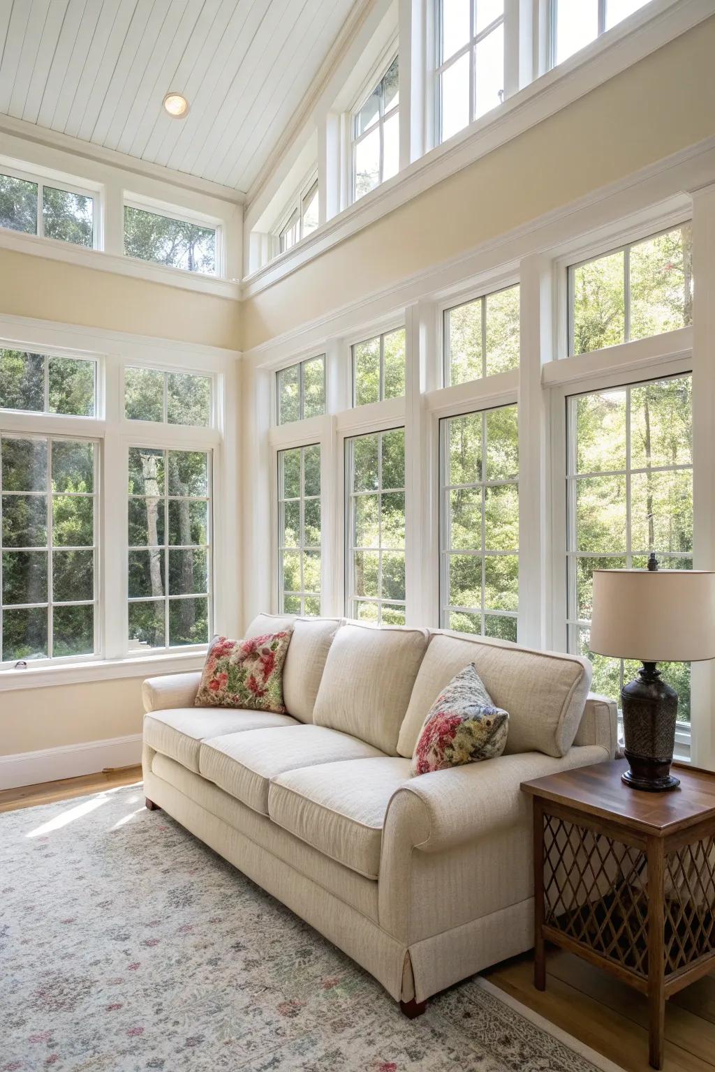 A couch in a light hue infuses an airy sensation into a petite living area.