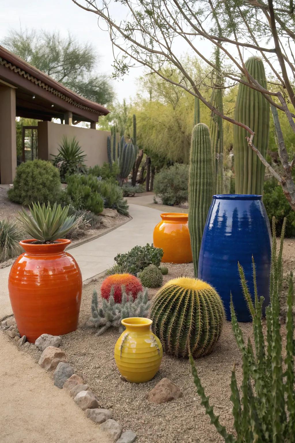 Artistic pottery introducing lively focal points to the garden.