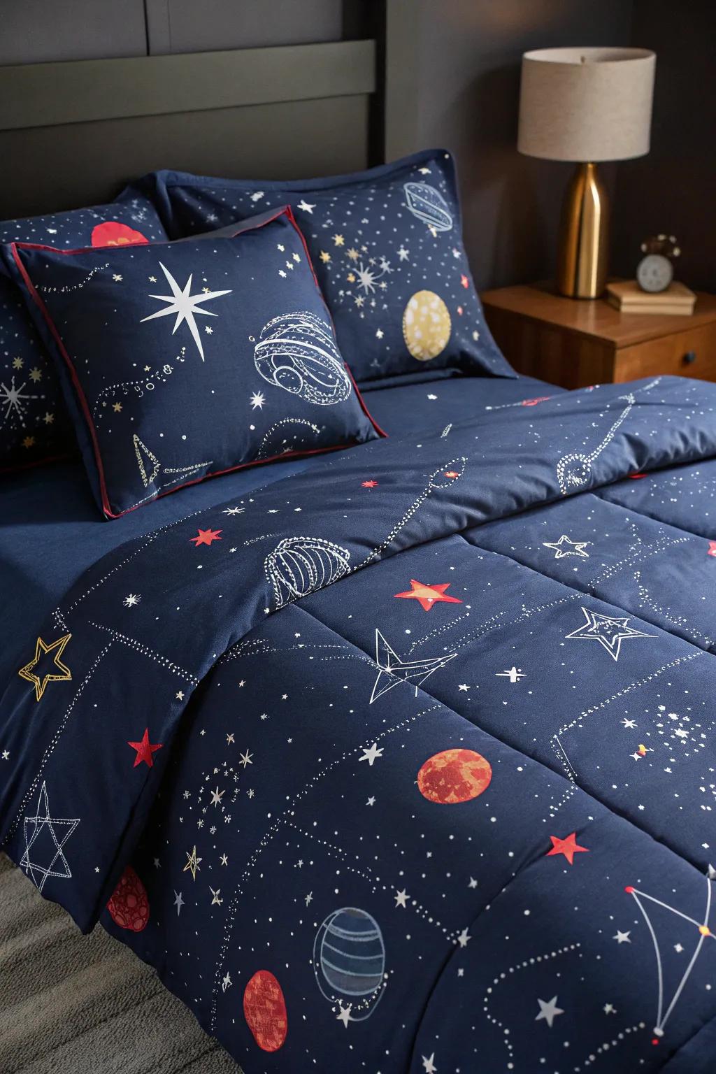 Go to sleep under a sky of stars with bedding featuring a space motif.