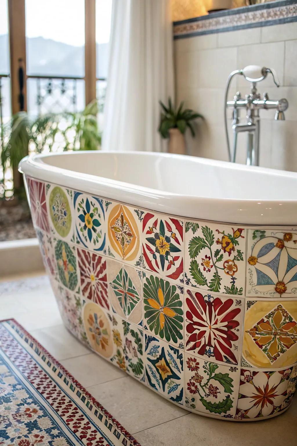 A stand-alone soaking tub presents a lavish sense amidst Spanish decor.