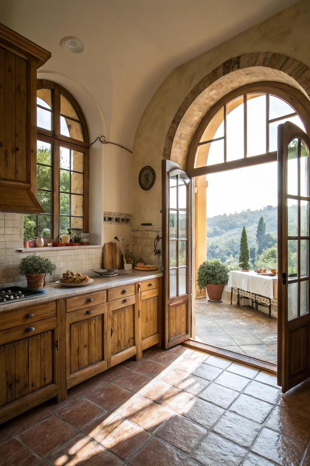 Curved features contribute elegance and spaciousness to the cooking space.