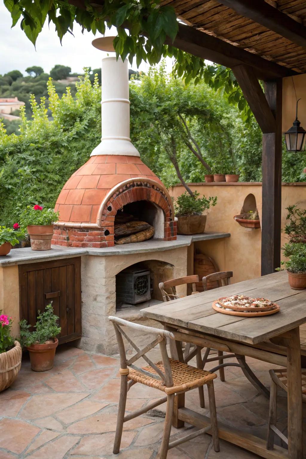 A classic wood-burning oven infuses authentic flavor and charm into this open-air kitchen.