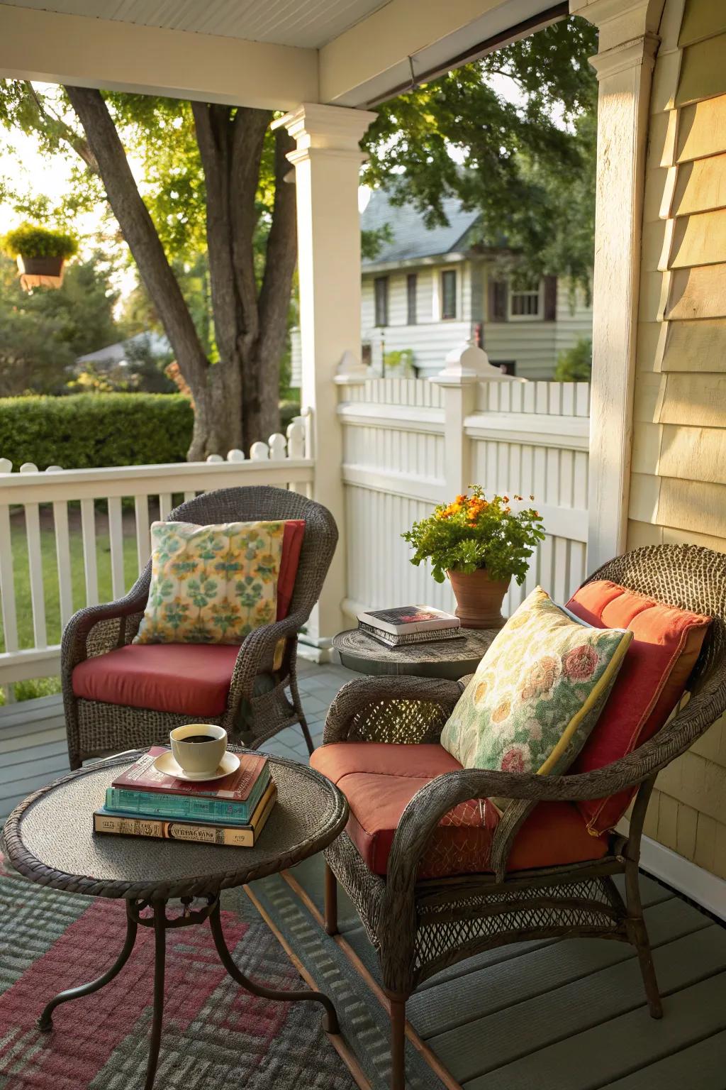 A comfortable seating spot is ideally positioned for relishing the spring ambiance on your porch.