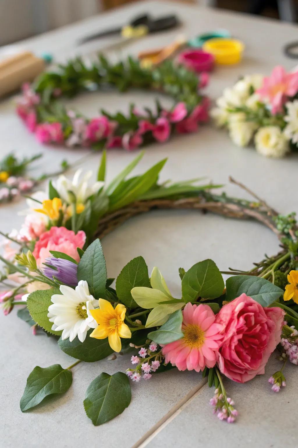 DIY floral circlets introduce a whimsical accent to any spring gathering.