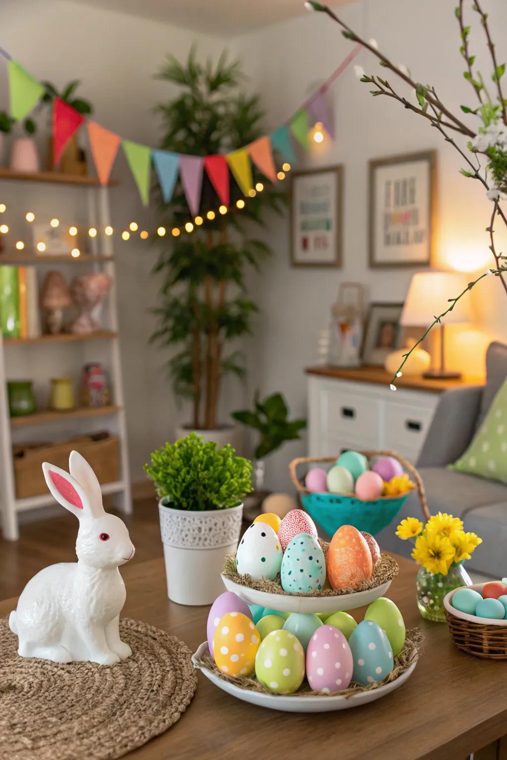 The festive touch of Easter decorations enhances the spring arrangement.