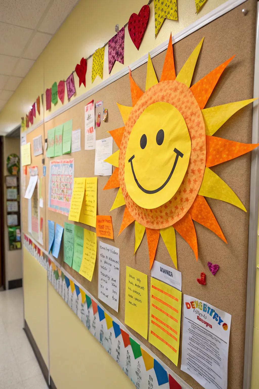 A cheerful sun spreading warmth throughout the bulletin board.