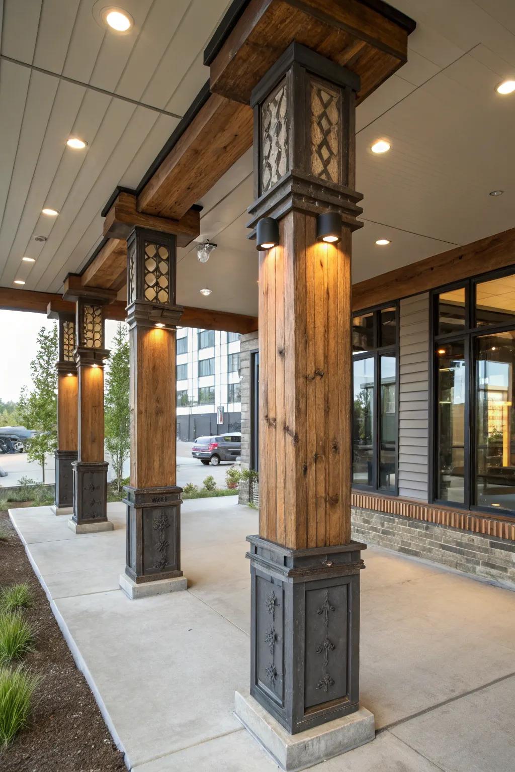 Blending materials in square columns provides a modern industrial allure.