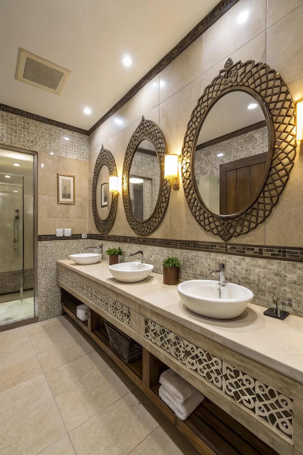 Ornamental mirrors improve both style and functionality in the workplace restroom.