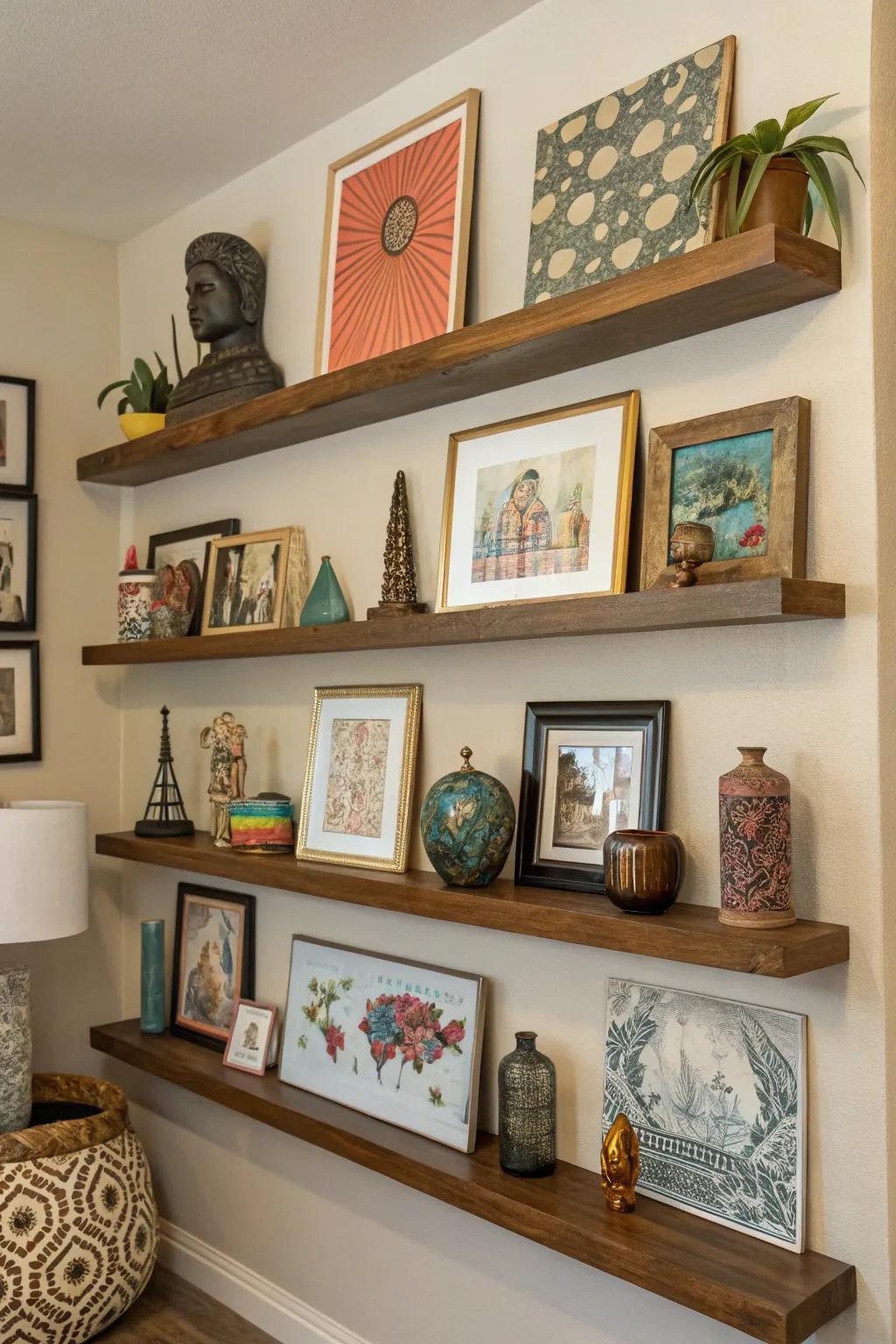 An eclectic gallery partition featuring staggered shelves.