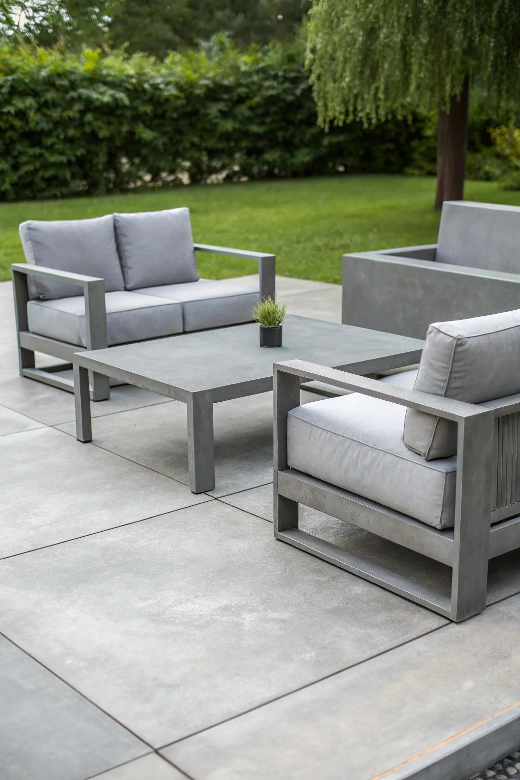 An elegant patio featuring gray-tinted concrete and contemporary furniture.