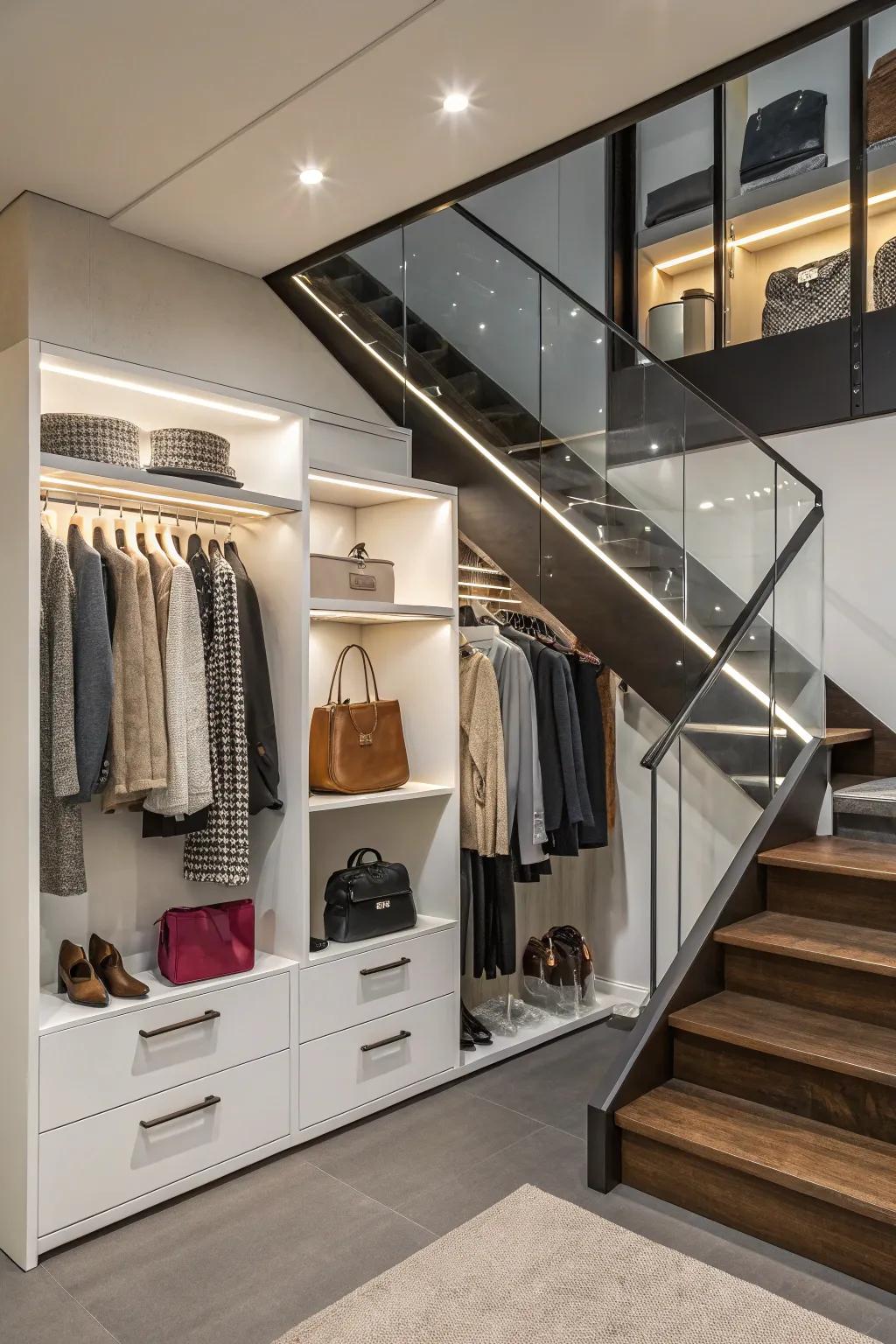 Turn your staircase into a mini closet with hanging rods.