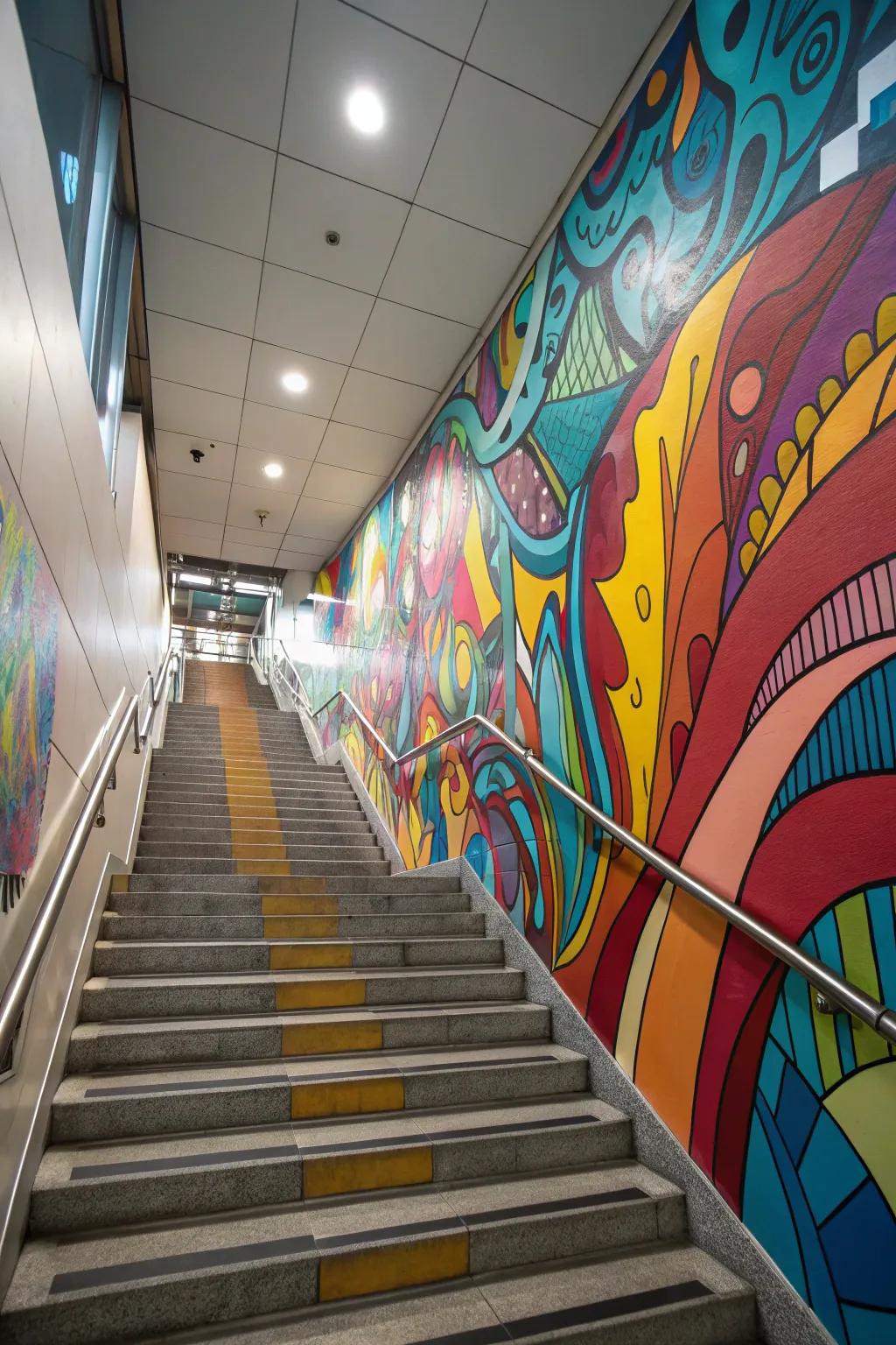 Create a statement with abstract art on your staircase.