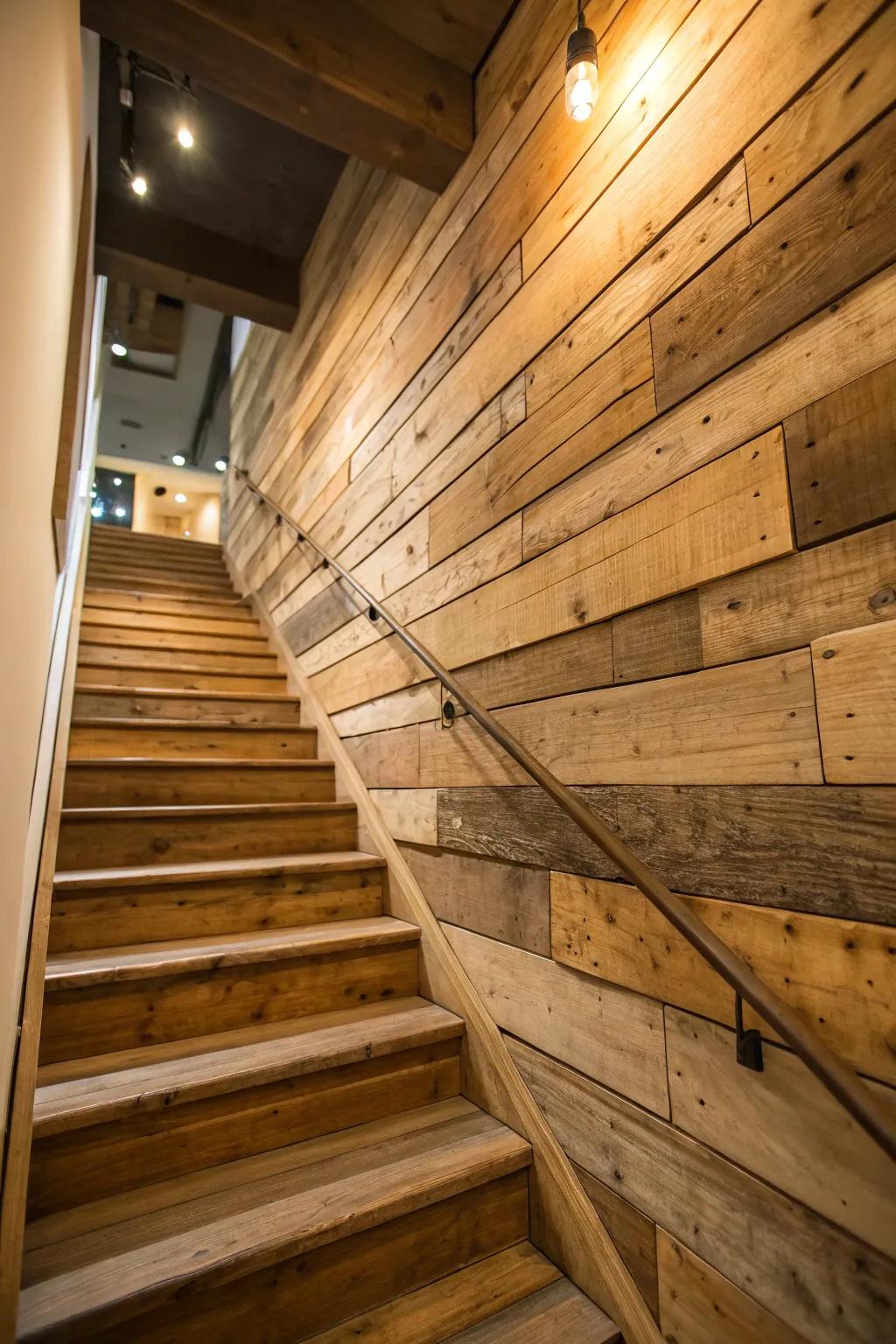 Infuse rustic appeal with recycled wood cladding for your staircase.
