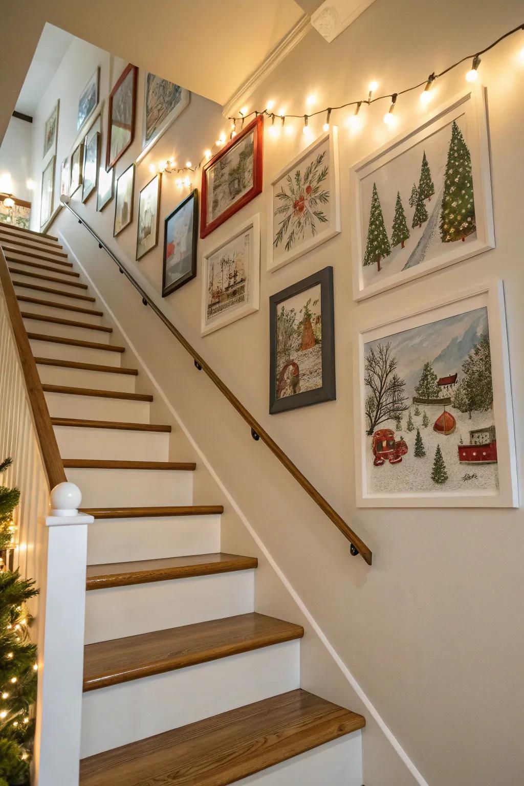 Occasional prints bring a merry soul to the staircase display wall.