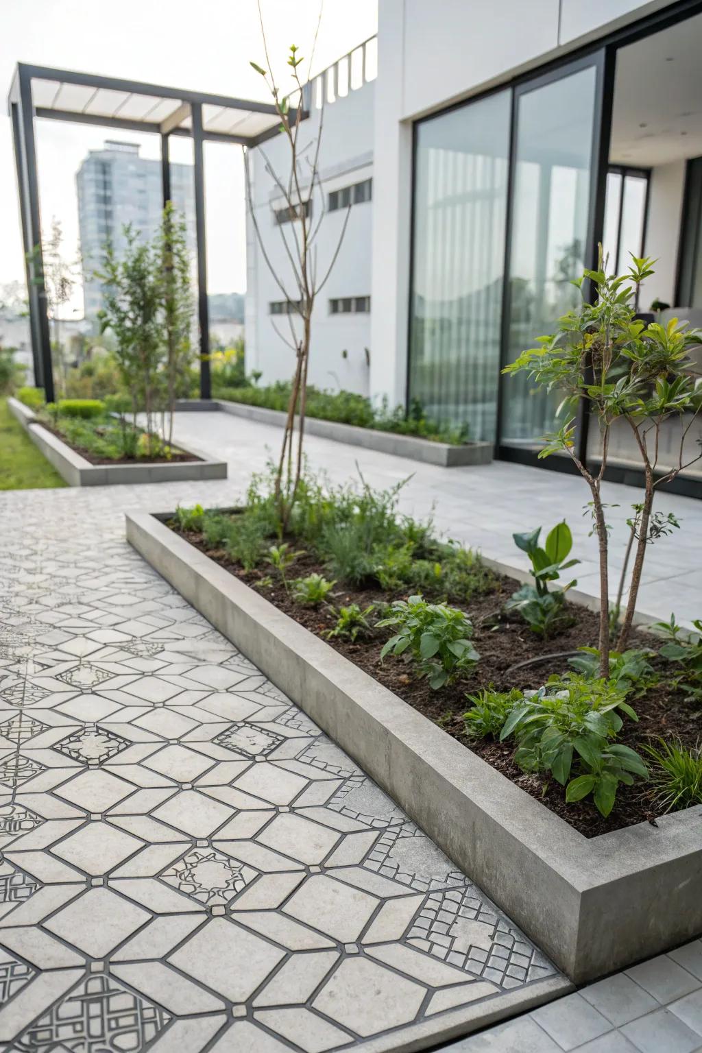 Fashionable garden featuring stamped concrete border with geometric shaping