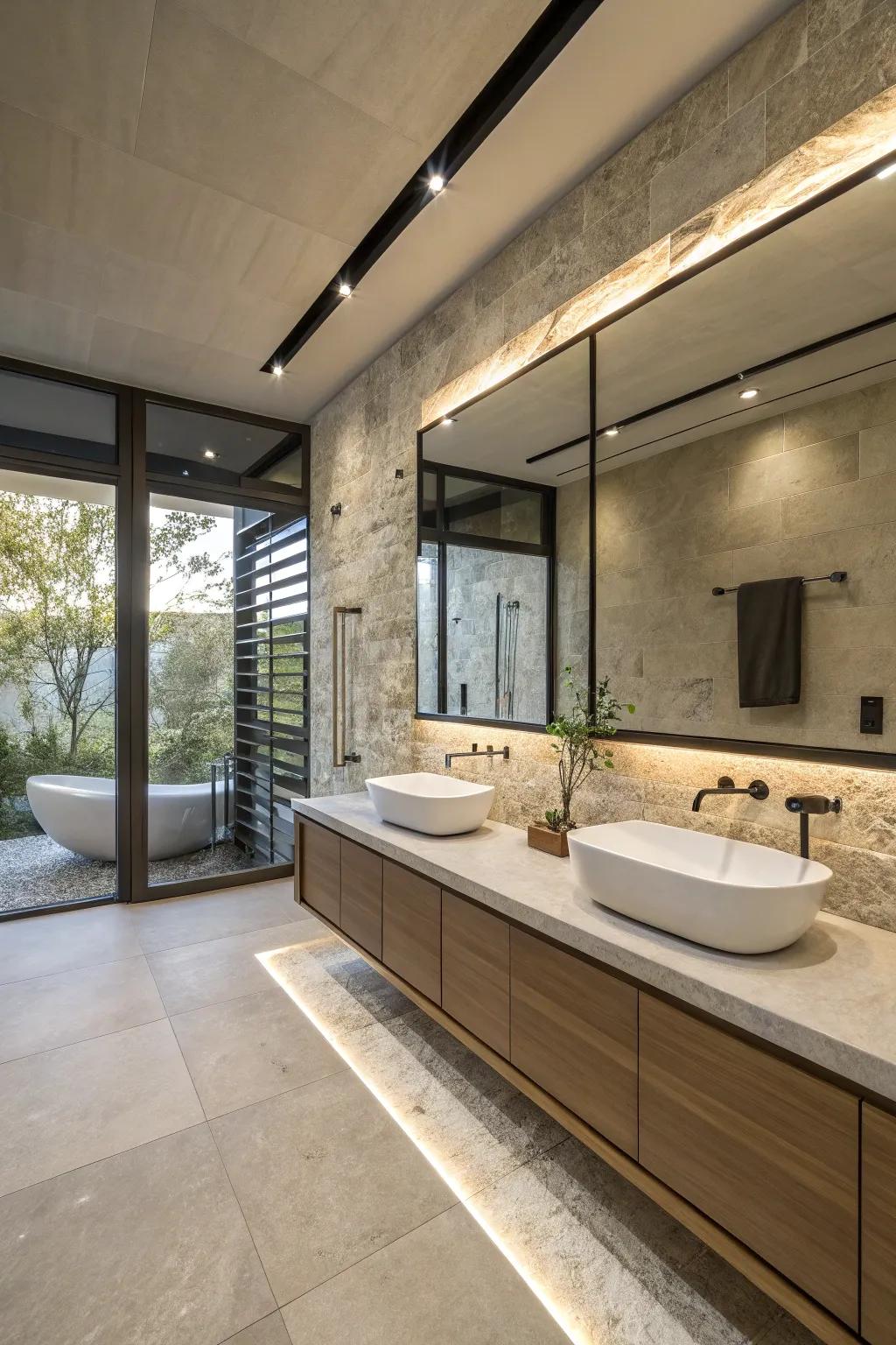 A modern stone bathroom showcasing streamlined fixtures and a modern layout.