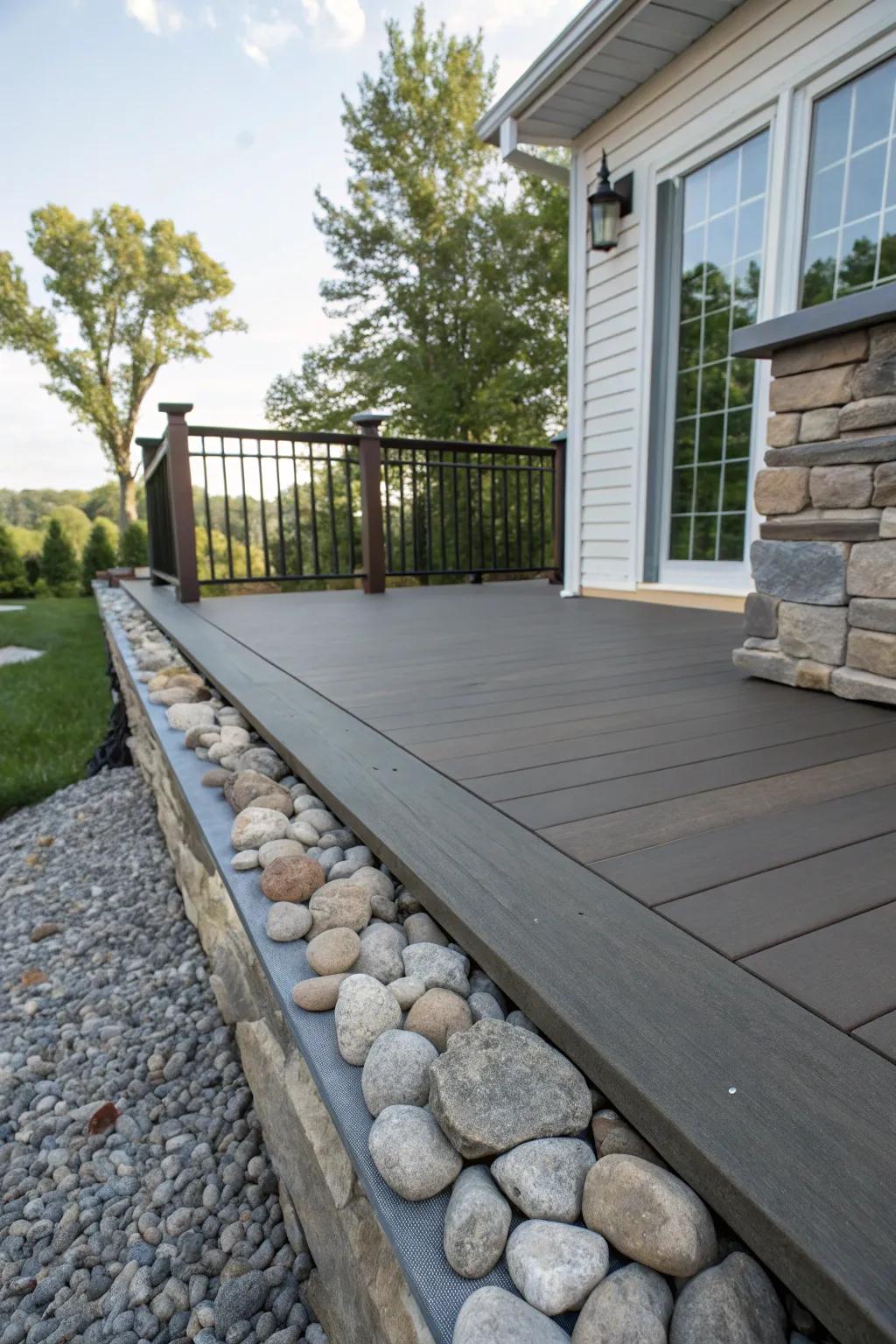 An engaging mix of sleek and textured stone cladding, enriching the deck’s depth.