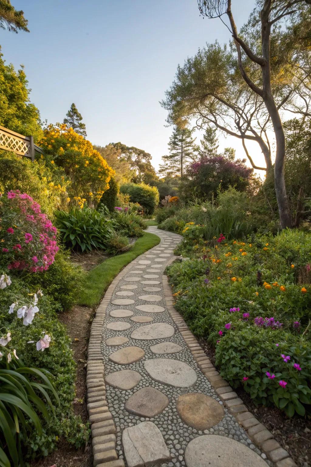 A textured and inviting stone path meandering through the garden.