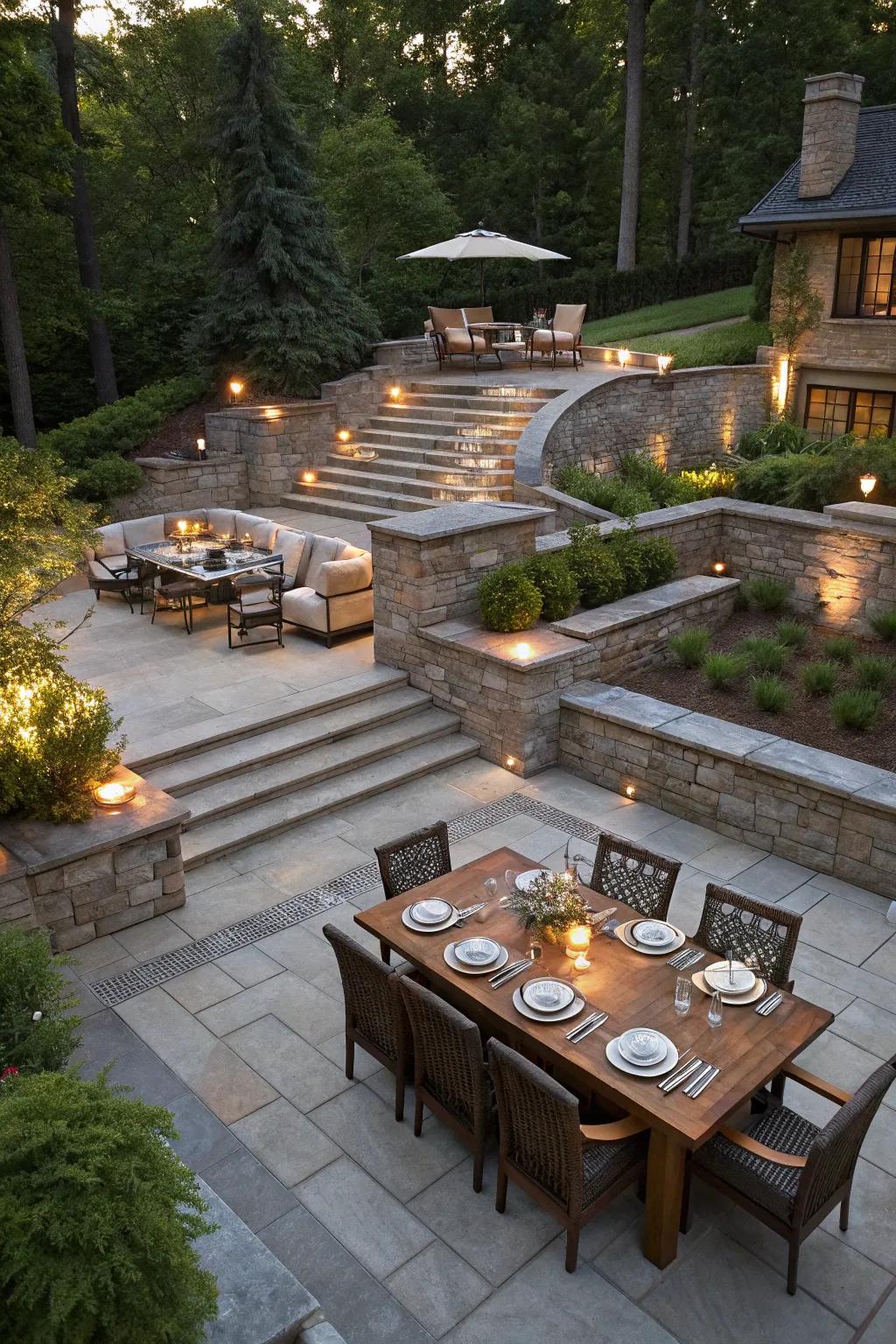 A multi-tiered stone patio that provides unique outdoor segments.