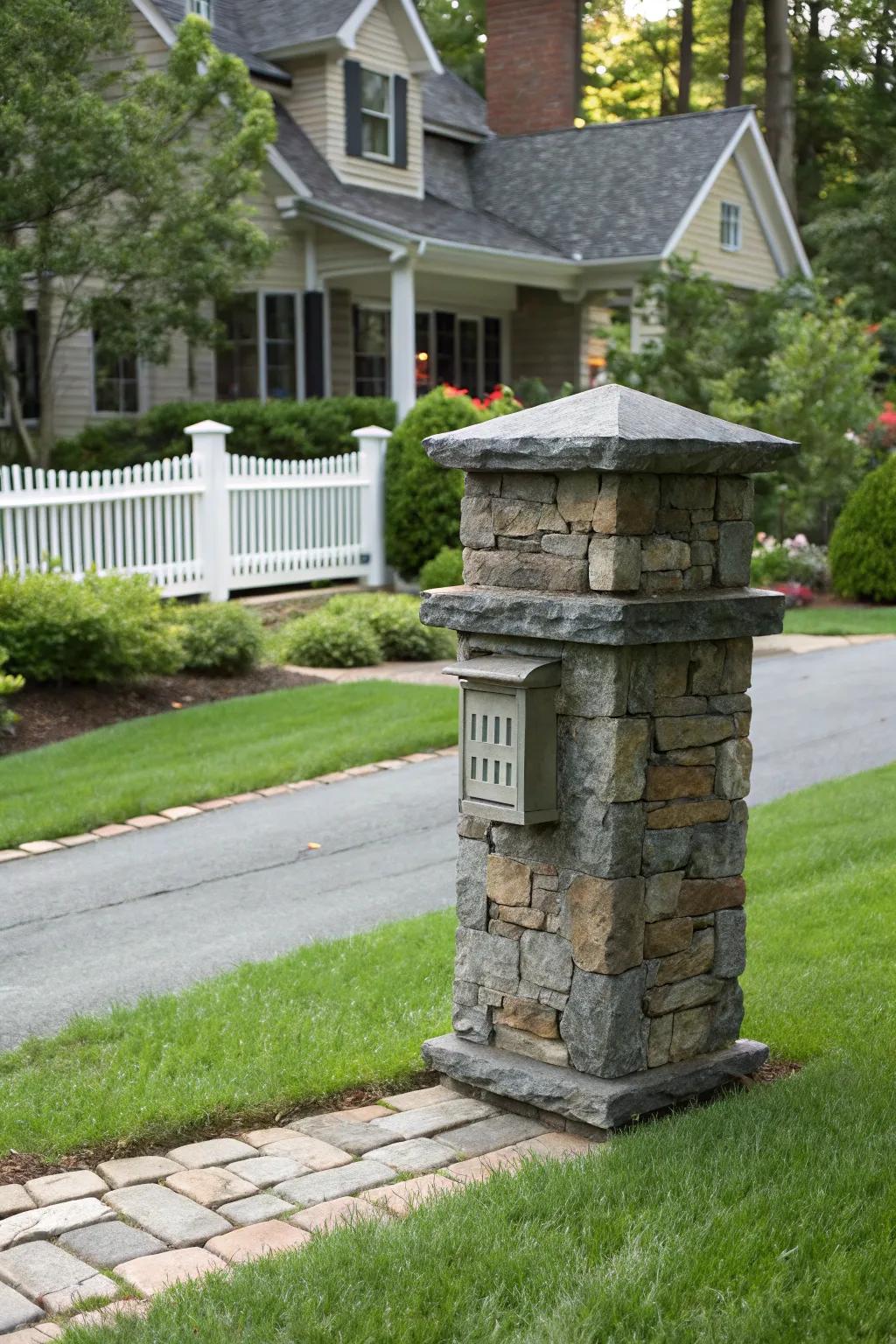 An artistic slate mailbox pillar displaying distinctive textures.