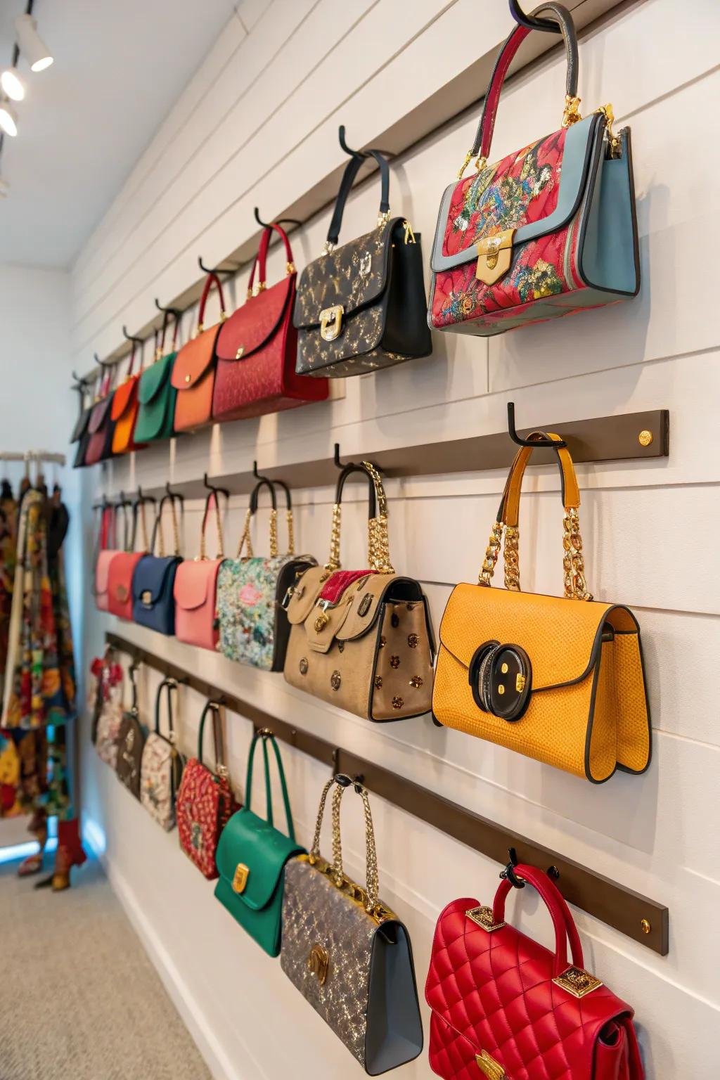 Wall-mounted shelves and hooks showcasing handbags.