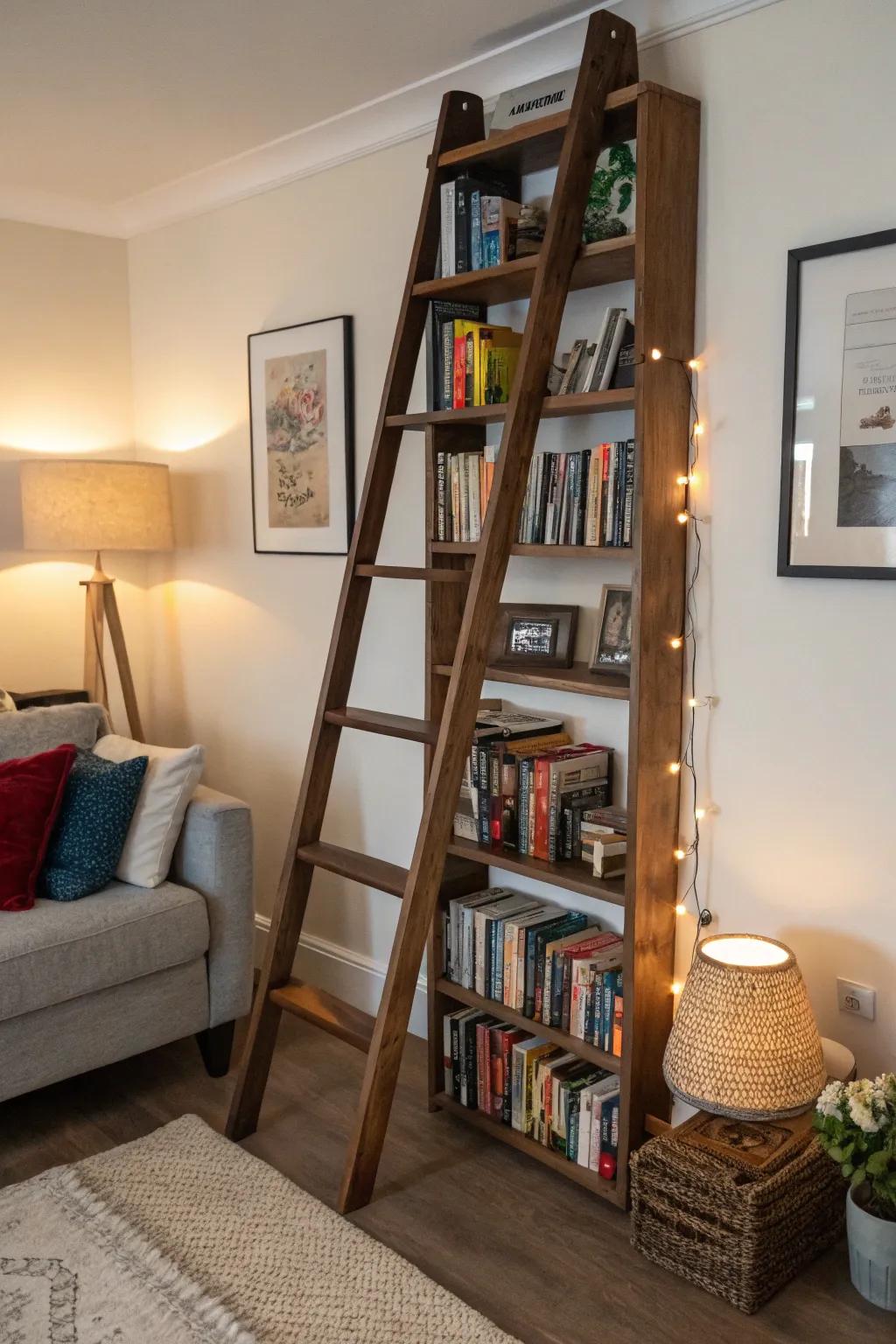 A leaning shelf in a compact living area.