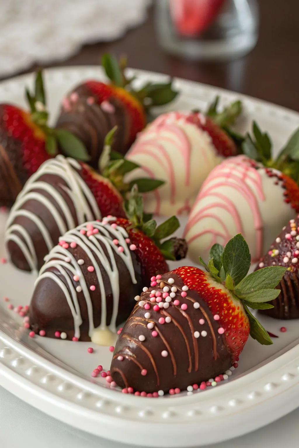 Sumptuous cocoa-enrobed Crimson Berries with an artistic twist.