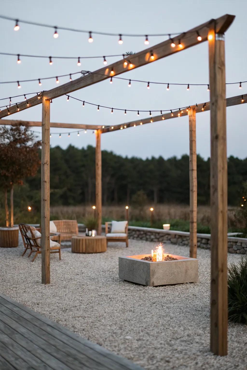 Tall uprights deliver a minimalist structure for twinkle lights.