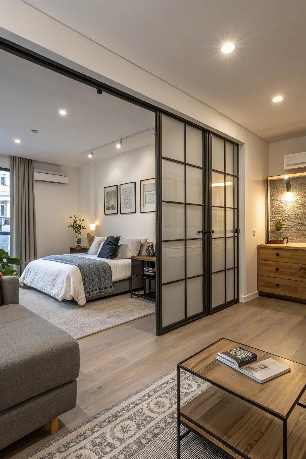 Moving doors offer privacy and versatility in a studio design.