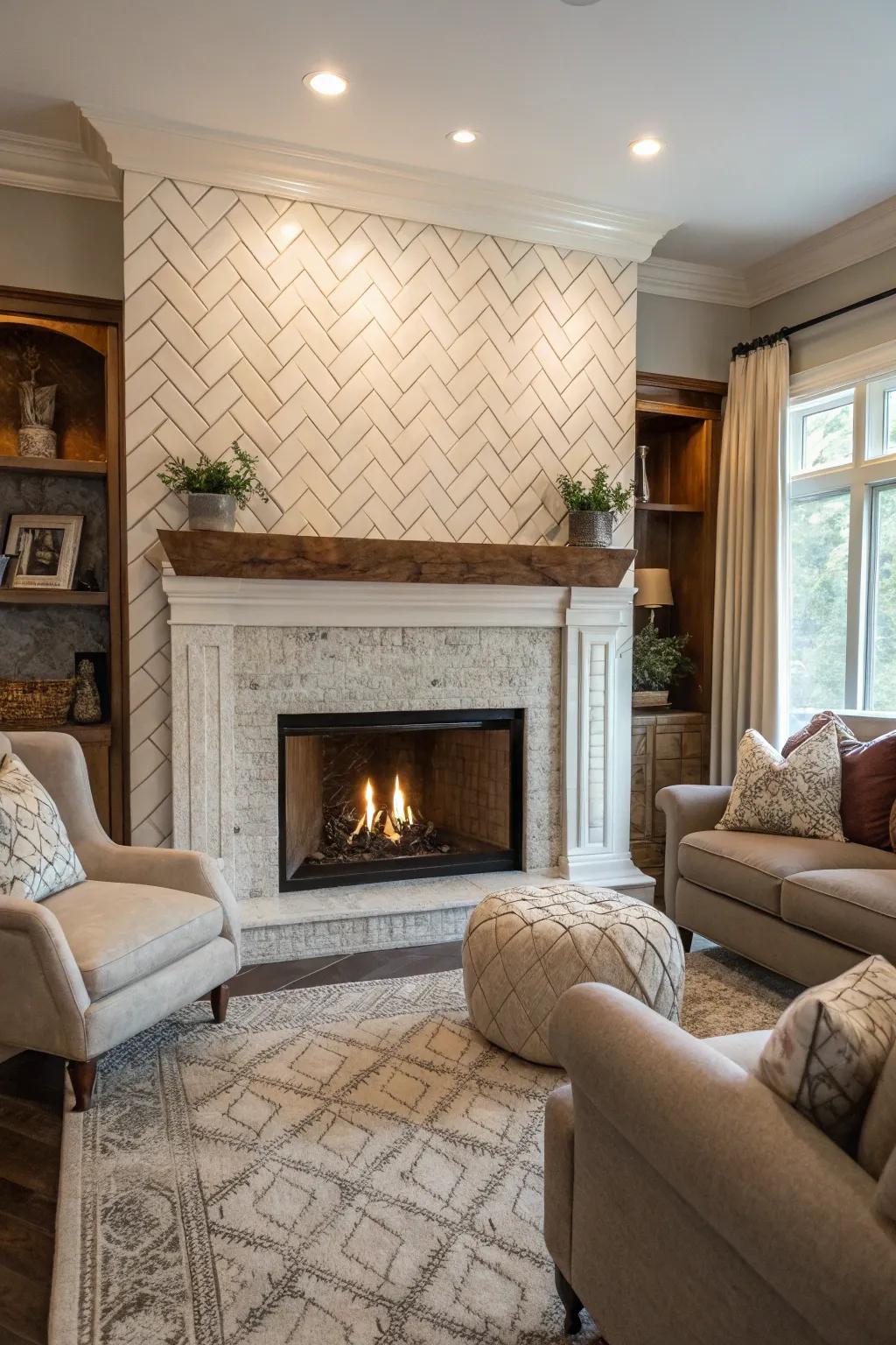 A diagonal arrangement imparts refined texture to this rectangular tile fireplace.