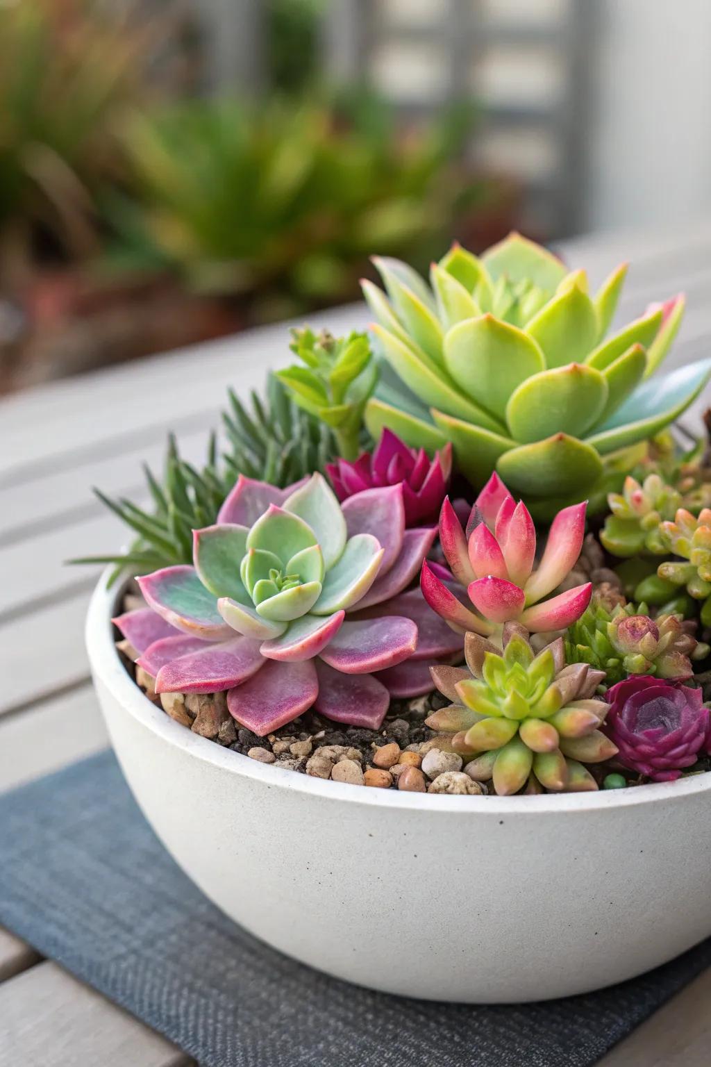 A vibrant composition of succulents constructing a lively presentation.