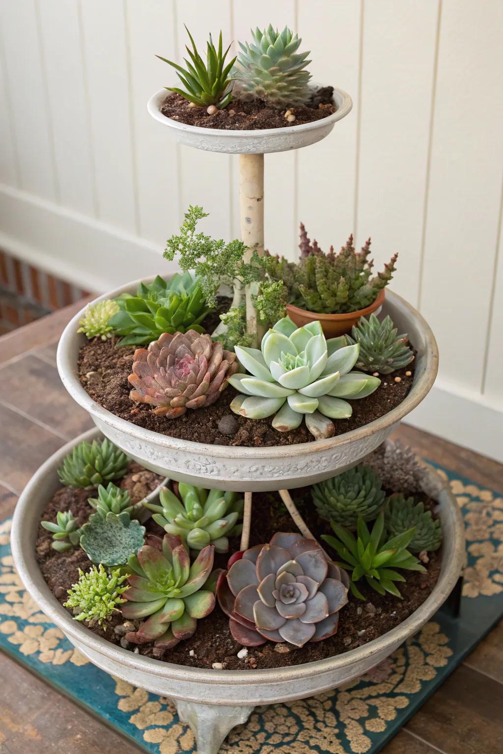 A layered succulent garden showcasing plants of assorted heights.