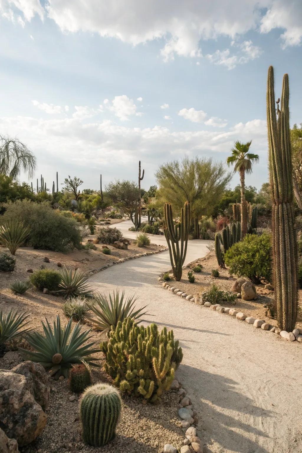 A desert-inspired garden featuring sand, stone, and cacti to evoke a serene landscape.