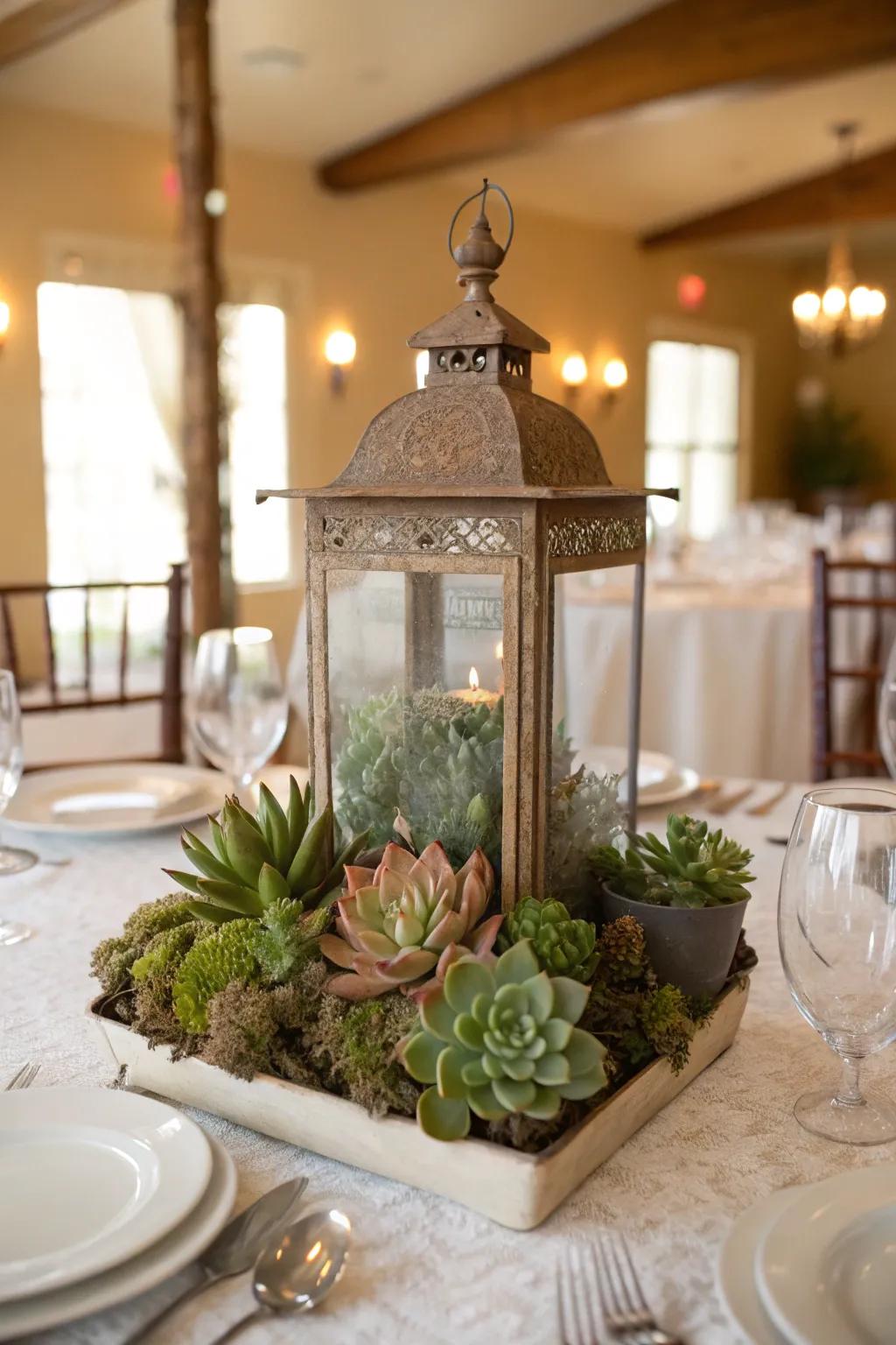 Classic lanterns transform into captivating succulent centerpieces.