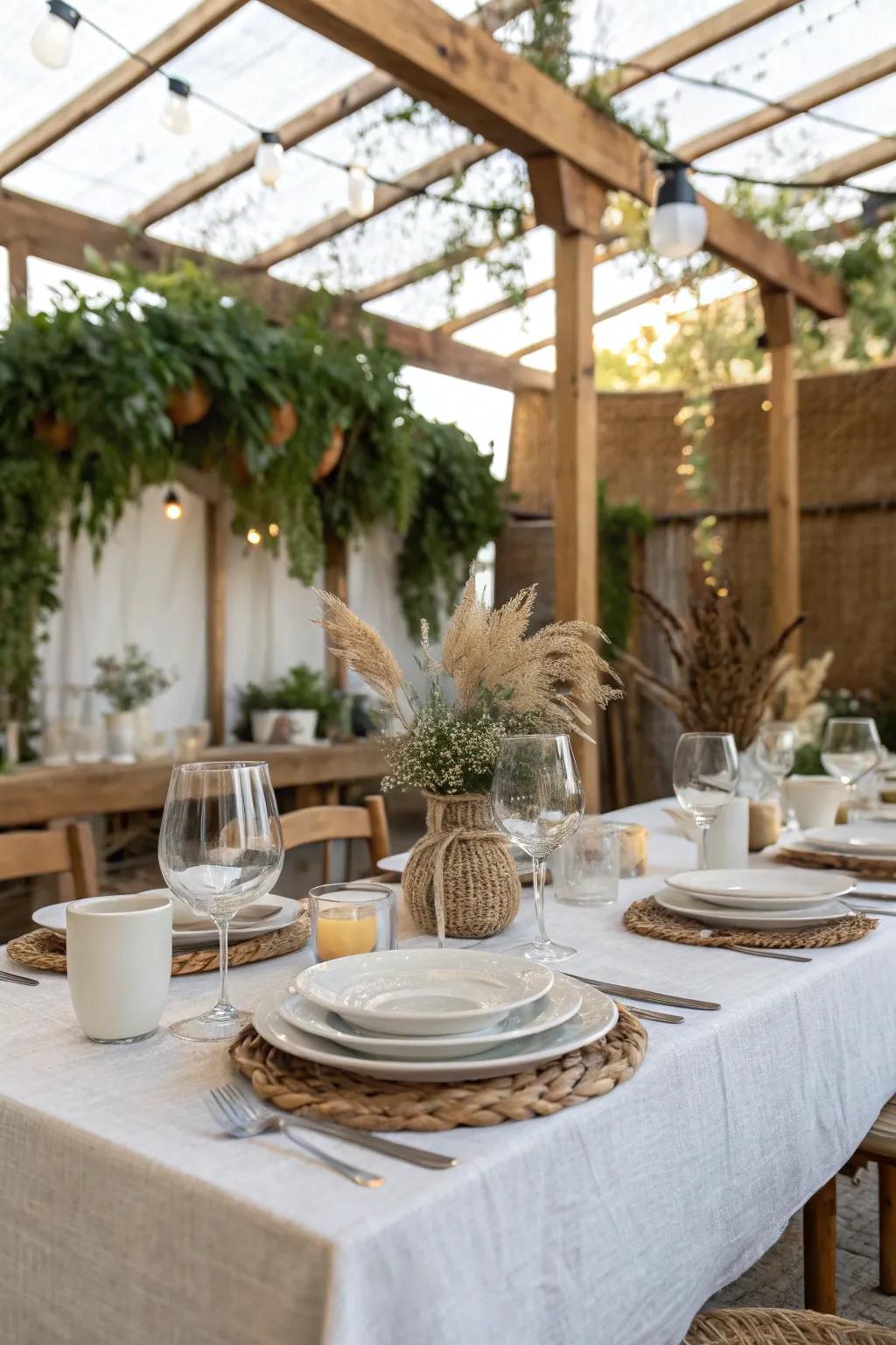 An elegantly arranged table within a sukkah, showcasing white tableware and natural components.