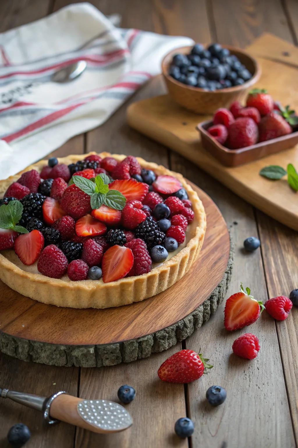 A vibrant fruit tart adorned with an array of summer berries.