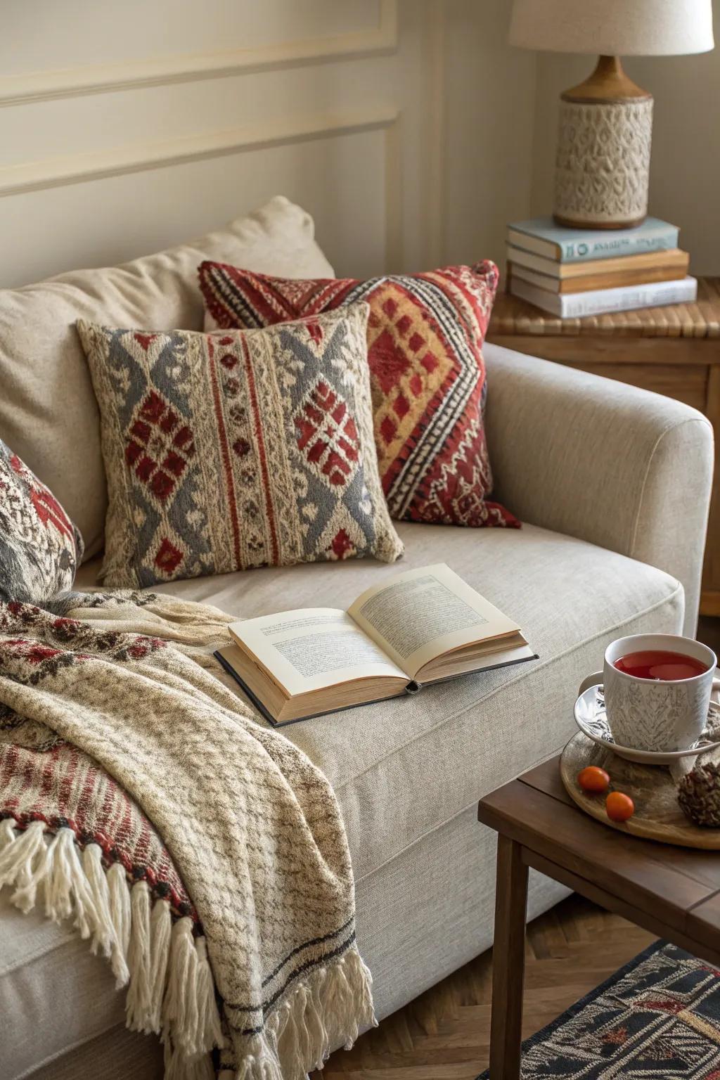 A combination of textures and patterns yields a visually appealing space.