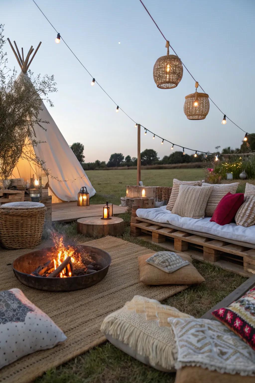 A cozy bohemian bonfire night with warm, inviting decor.