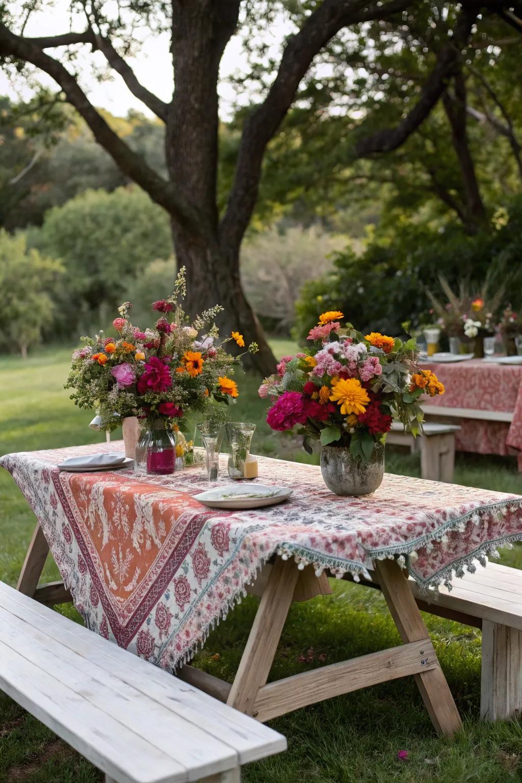 An elegantly arranged picnic table featuring lovely floral decor