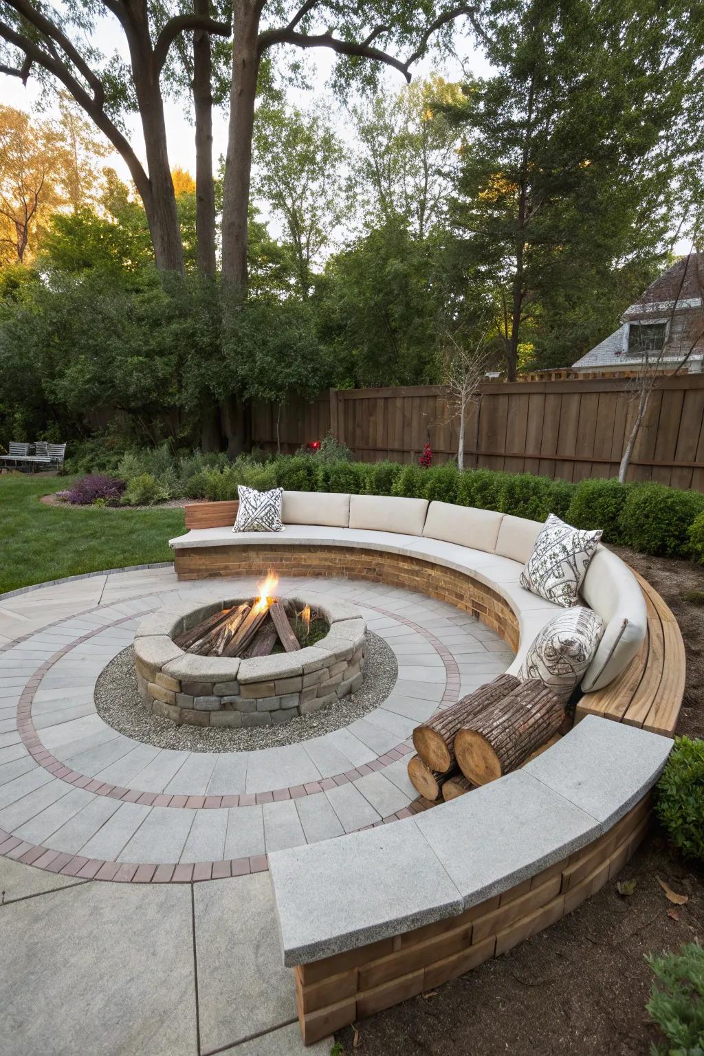 A round ground-level fire feature that invites conversation.