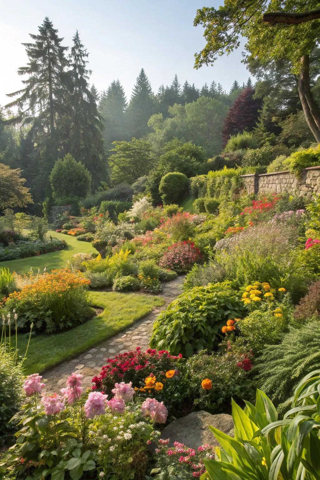 A rich, verdant sunken garden overflowing with life.