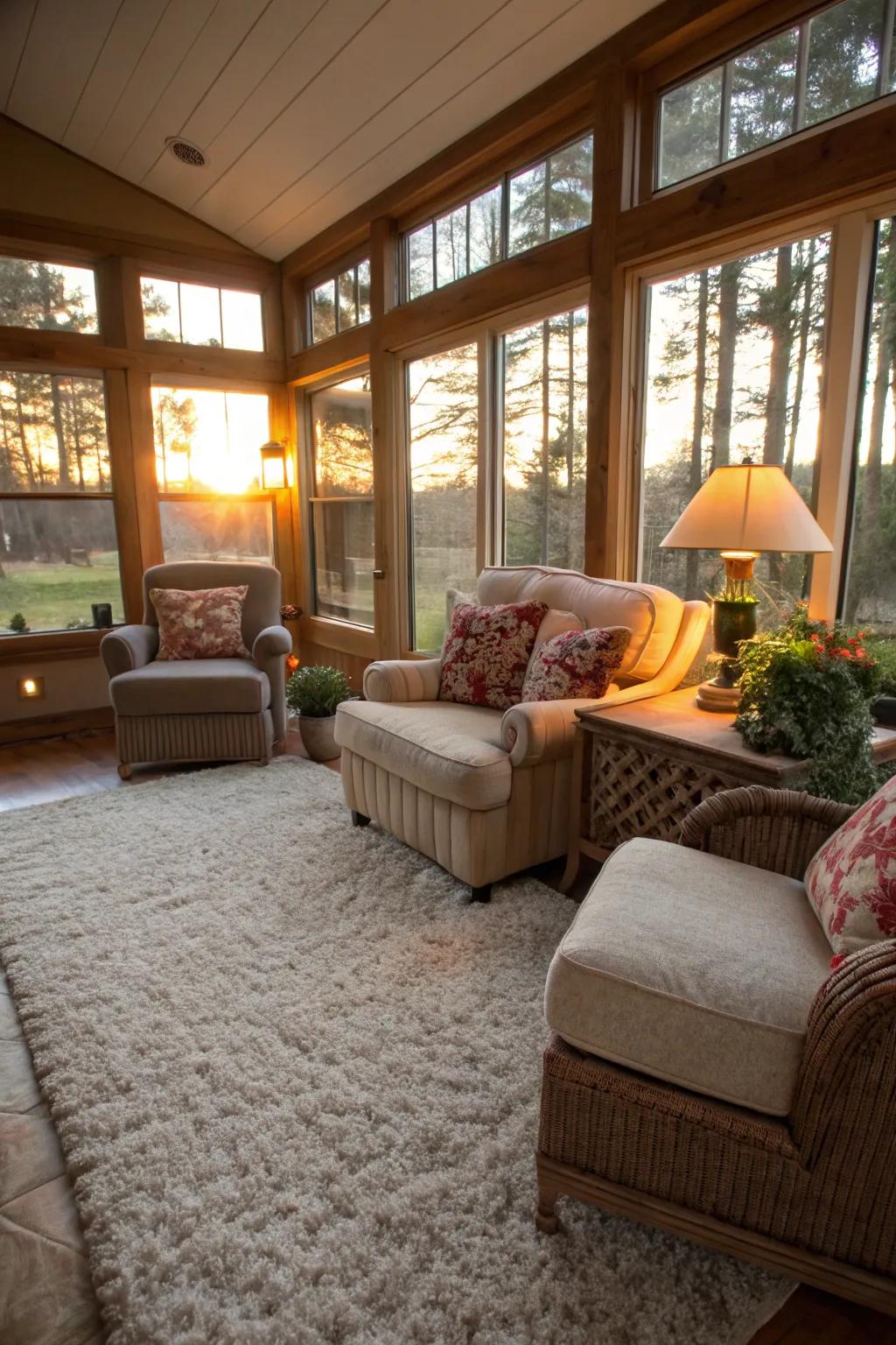 Carpet adds a hint of coziness to your sunroom sanctuary.