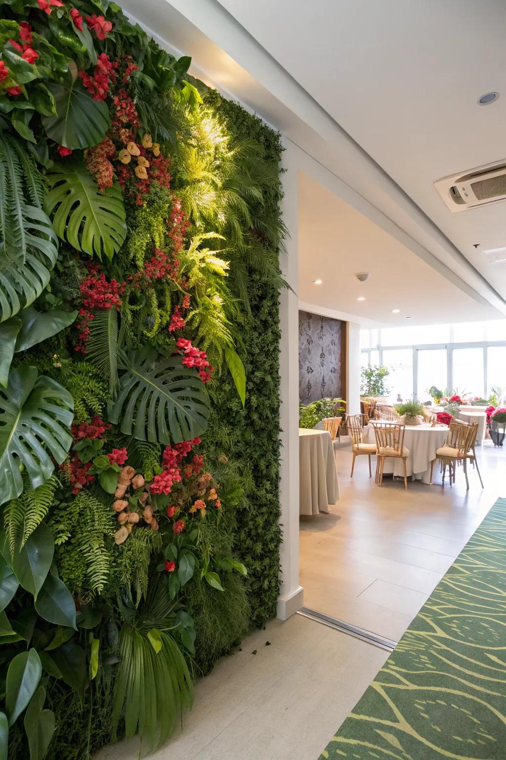 A vibrant greenery wall brings a natural essence indoors.