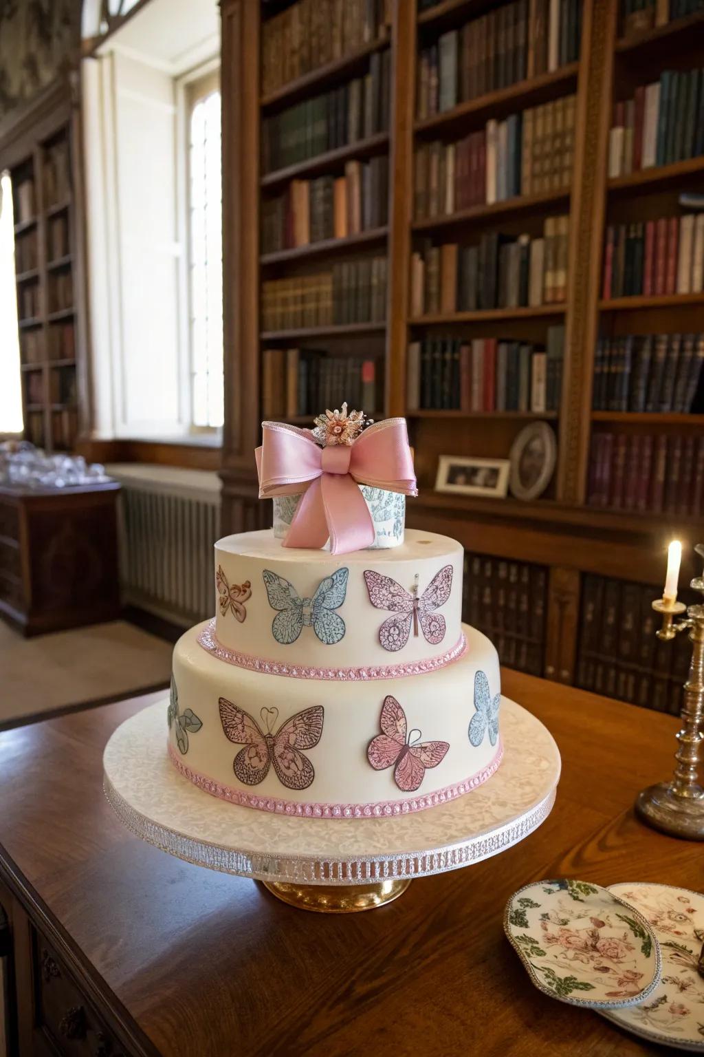 A whimsical cake embellished with butterflies and bows, impeccable for a fairy-tale celebration.