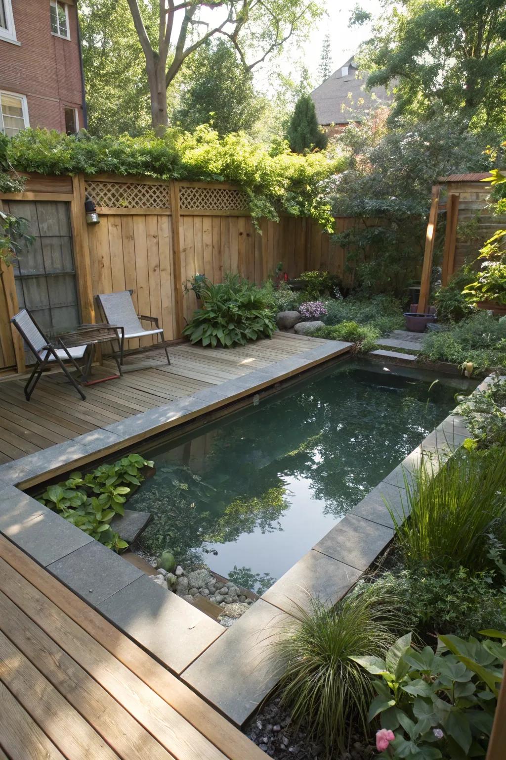 A compact swimming pond easily integrates into a small backyard.