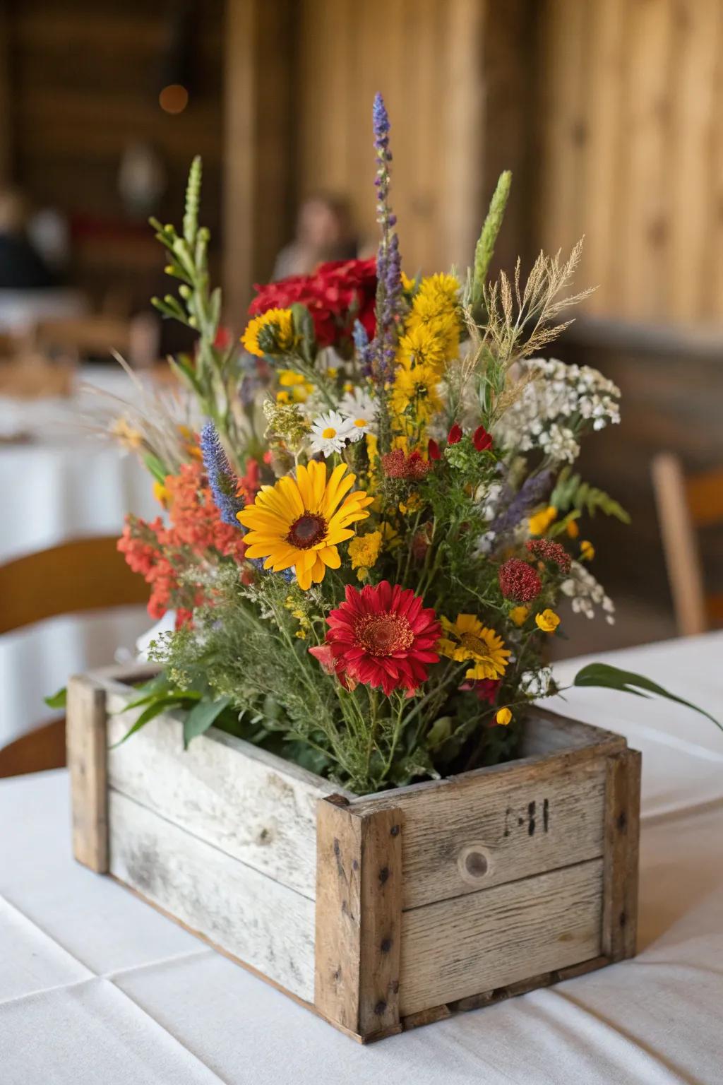A charming, homespun centerpiece featuring field blossoms nestled within a rustic receptacle.
