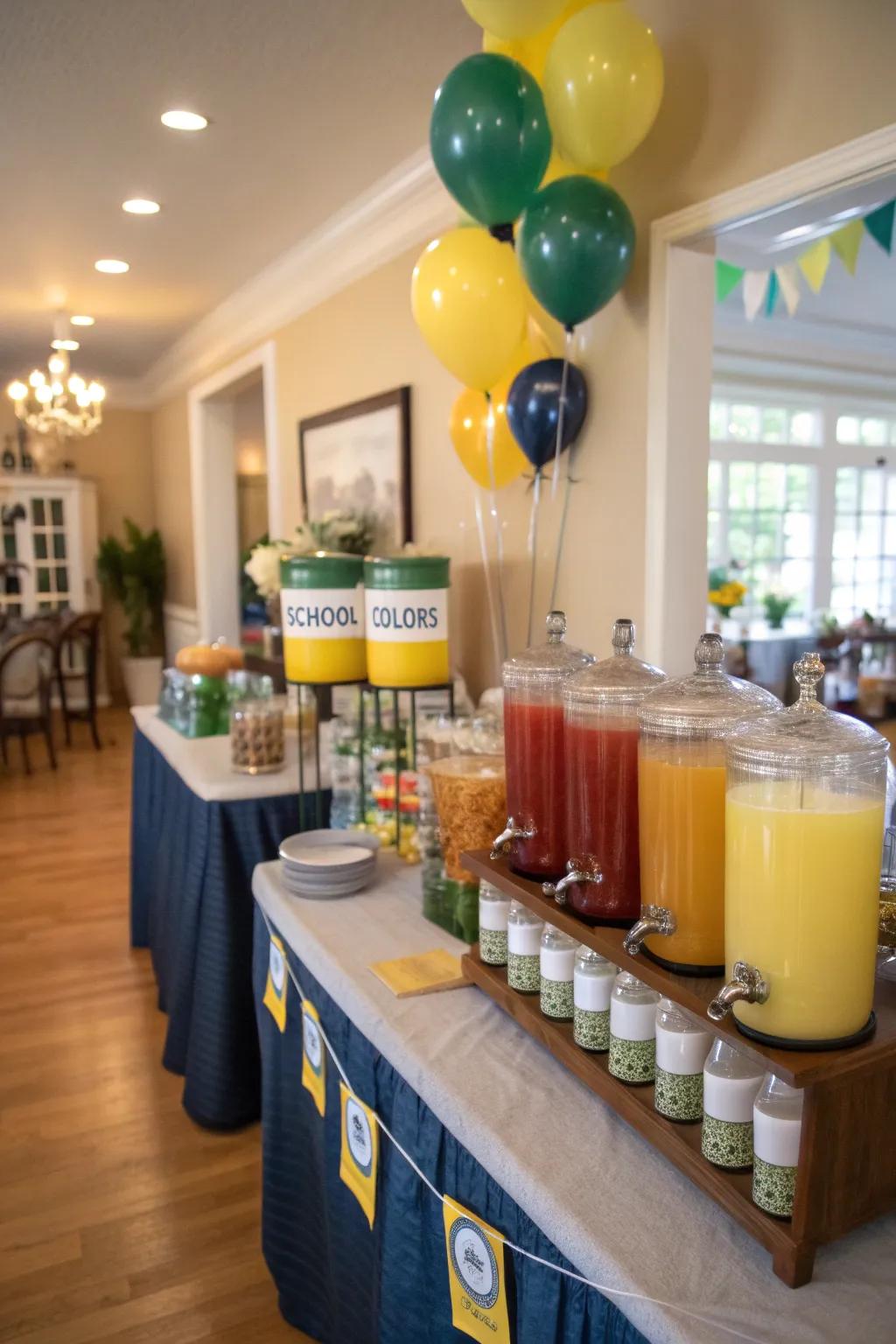 A themed refreshment center highlighting school colors ensures guests are refreshed and entertained.