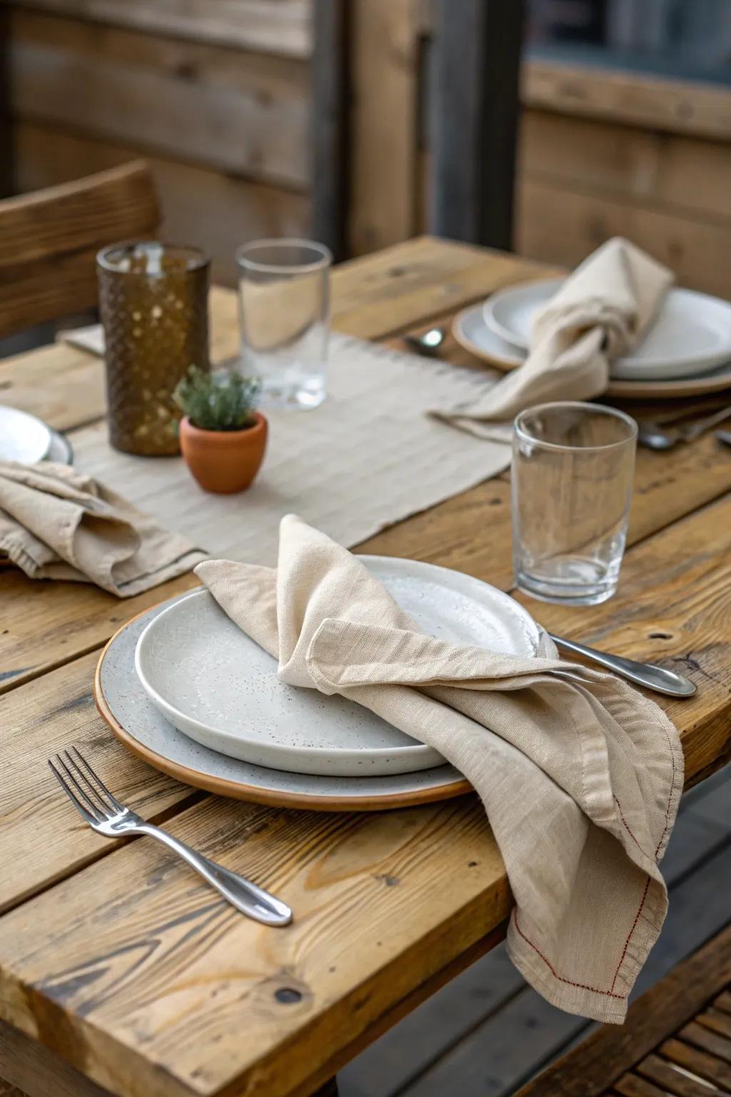 Casual chic setup featuring relaxed napkin placements.