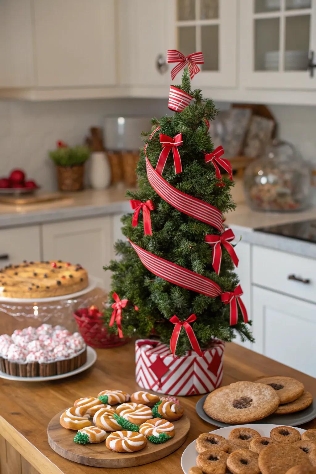 A spirited Christmas tree for a table, inspired by striped-stick sweets.