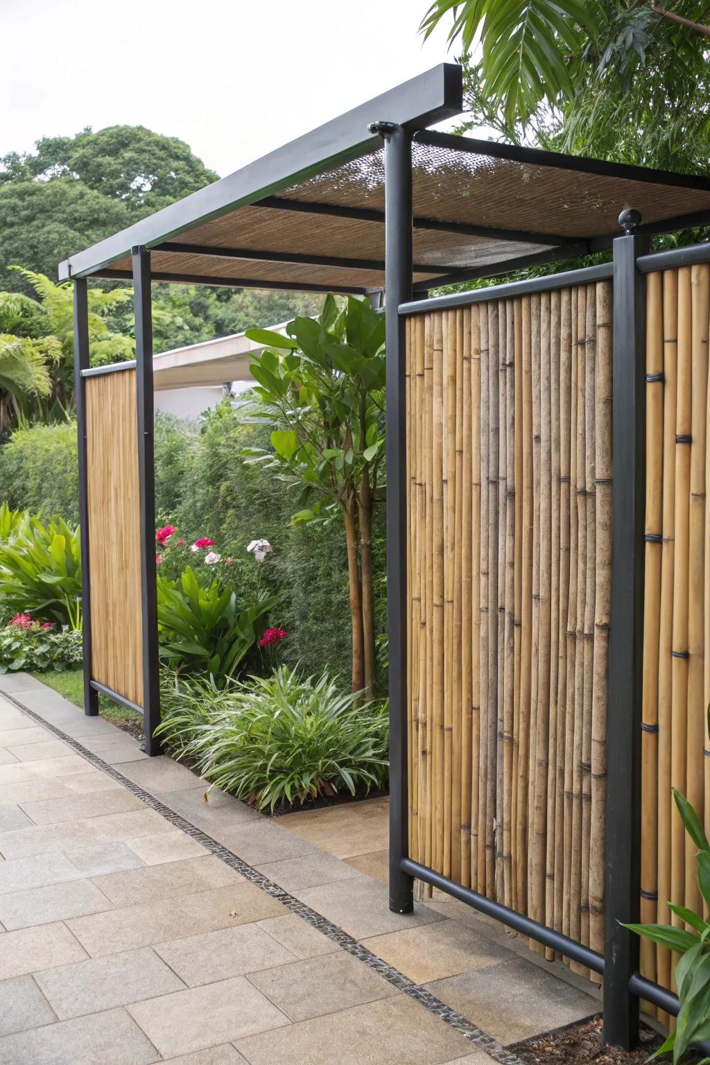 A mixed-substance privacy display blending bamboo and steel.